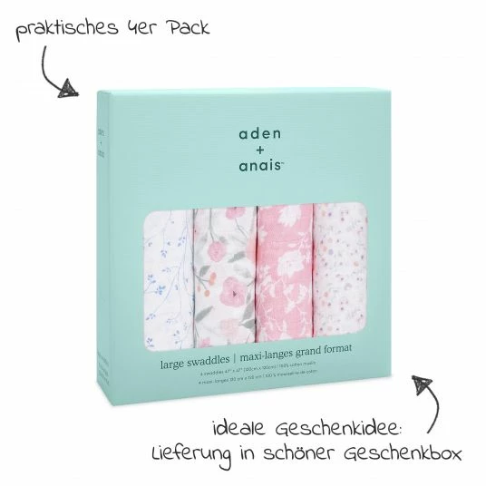 Aden + anais Mullwindel / Mulltuch / Pucktuch - Classic Swaddles - 4er Pack - 120 x 120 cm - Ma Fleur 3 Aden + anais Mullwindel / Mulltuch / Pucktuch - Classic Swaddles - 4er Pack - 120 x 120 cm - Ma Fleur – Bild 3