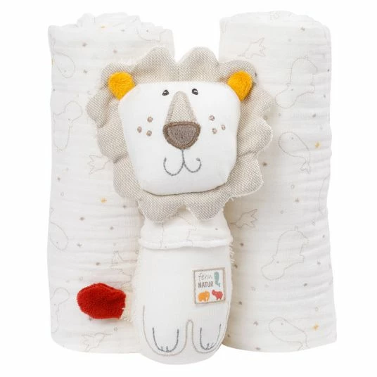 Baby Fehn 3-tlg. Set Stabrassel & Musselintücher NATUR aus Bio-Baumwolle - Löwe 1 Baby Fehn 3-tlg. Set Stabrassel & Musselintücher NATUR aus Bio-Baumwolle - Löwe