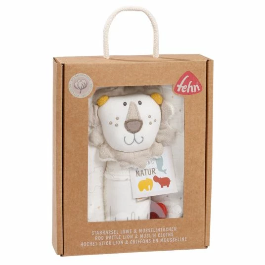 Baby Fehn 3-tlg. Set Stabrassel & Musselintücher NATUR aus Bio-Baumwolle - Löwe 2 Baby Fehn 3-tlg. Set Stabrassel & Musselintücher NATUR aus Bio-Baumwolle - Löwe – Bild 2