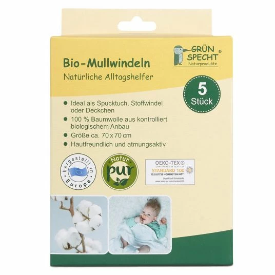 Grünspecht Bio-Mullwindel 5er Pack 70 x 70 cm - Weiß 3 Grünspecht Bio-Mullwindel 5er Pack 70 x 70 cm - Weiß – Bild 3
