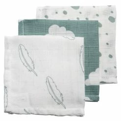 Meyco Mulltuch / Waschtuch - 3er Pack - 30 x 30 cm - Federn Wolken Dots - Grün