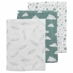 Meyco Mullwindel / Mulltuch / Pucktuch - Swaddle - 3er Pack - 120 x 120 cm - Federn Wolken Dots - Grün