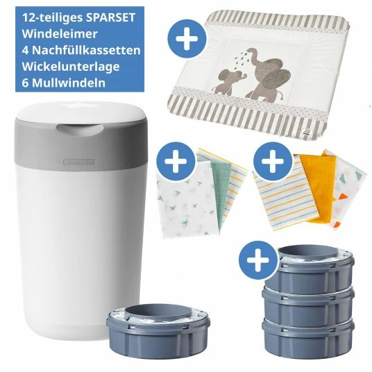 Tommee Tippee 12-tlg. Wickelset - Windeleimer Twist & Click + 4 Nachfüllkassetten + Folien-Wickelunterlage + 6 Mullwindeln 1 Tommee Tippee 12-tlg. Wickelset - Windeleimer Twist & Click + 4 Nachfüllkassetten + Folien-Wickelunterlage + 6 Mullwindeln